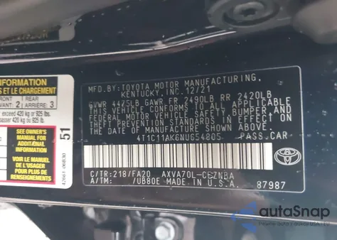 2022 Toyota Camry Le из США, поврежденный, VIN 4T1C11AK6NU654805